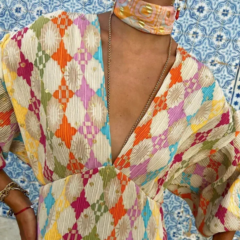 Women's Maxi Dress - Geometric Pattern - V-Neck - Long Puff Sleeves - Bohemian Style