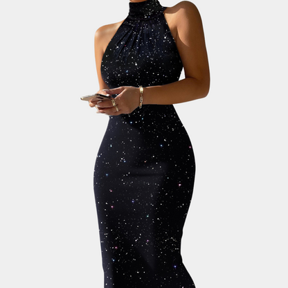 Women's Dress - Sleeveless Halterneck - Tailored Elegant Evening Dress with Star Pattern