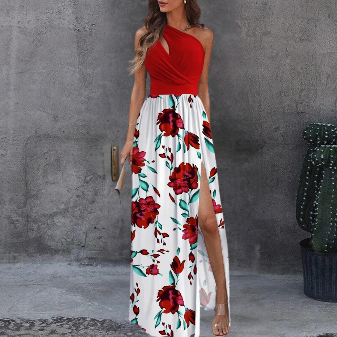 Women's Maxi Dress - Asymmetric One-Shoulder - Elegant Flowy Design - High Slit