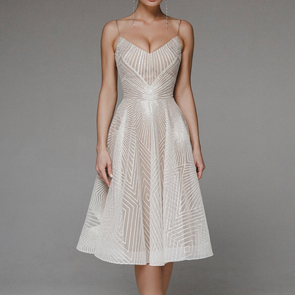 Women's Dress - A-line Cut - V-neck - Spaghetti Straps - Midi Length - Shiny Pattern