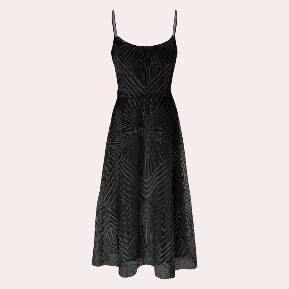 Women's Dress - A-line Cut - V-neck - Spaghetti Straps - Midi Length - Shiny Pattern