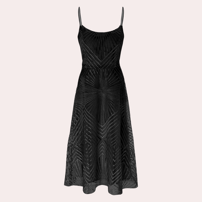 Women's Dress - A-line Cut - V-neck - Spaghetti Straps - Midi Length - Shiny Pattern