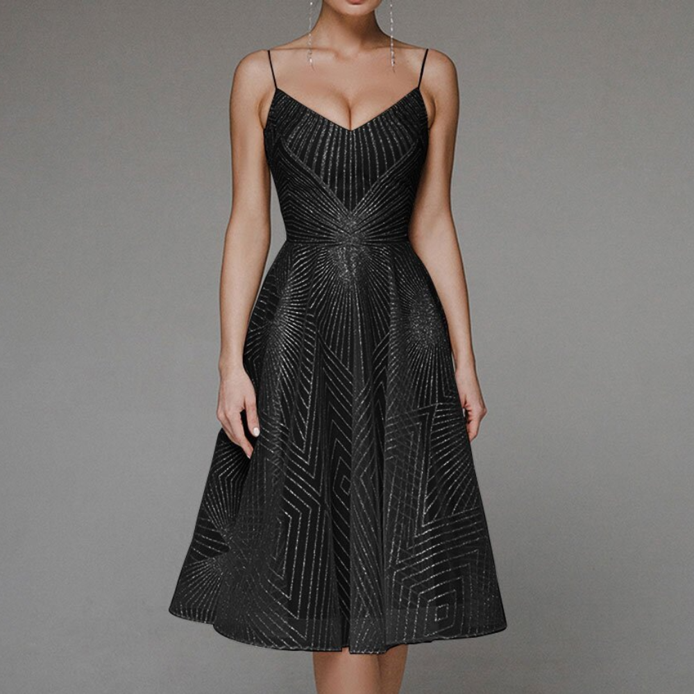 Women's Dress - A-line Cut - V-neck - Spaghetti Straps - Midi Length - Shiny Pattern