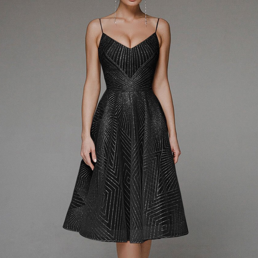 Women's Dress - A-line Cut - V-neck - Spaghetti Straps - Midi Length - Shiny Pattern
