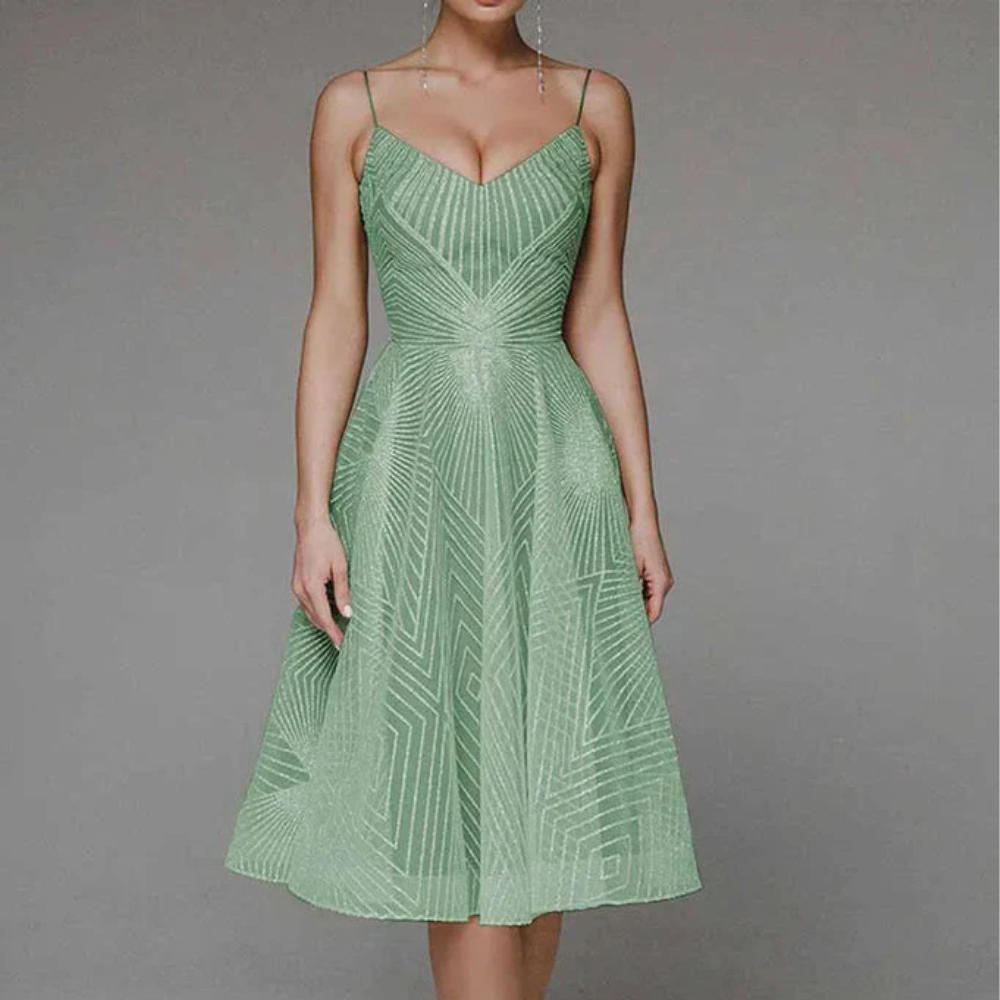 Women's Dress - A-line Cut - V-neck - Spaghetti Straps - Midi Length - Shiny Pattern