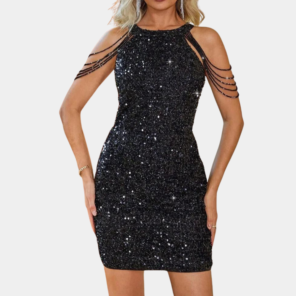 Women's Cocktail Dress - Slim Fit - Sequins & Pearl Details - Halterneck Party Dress