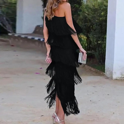 Women One-Shoulder Dress - Asymmetric Neckline - Long with Fringes - Elegant Evening Dress