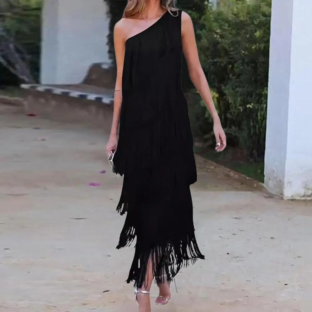 Women One-Shoulder Dress - Asymmetric Neckline - Long with Fringes - Elegant Evening Dress