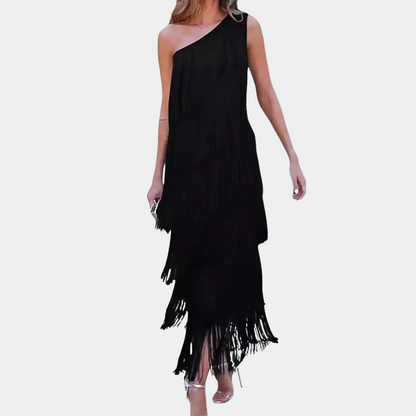 Women One-Shoulder Dress - Asymmetric Neckline - Long with Fringes - Elegant Evening Dress