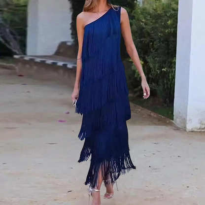 Women One-Shoulder Dress - Asymmetric Neckline - Long with Fringes - Elegant Evening Dress