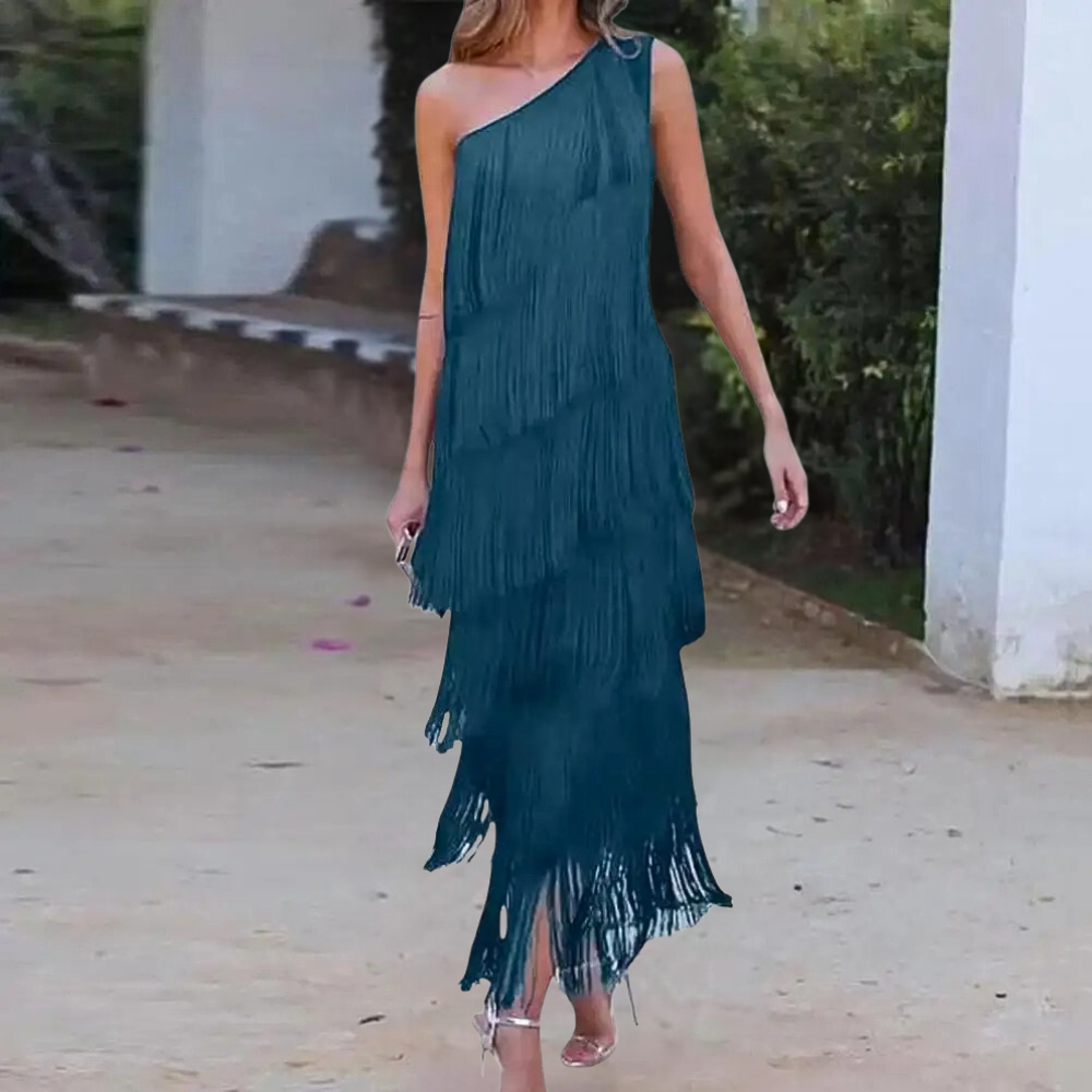 Women One-Shoulder Dress - Asymmetric Neckline - Long with Fringes - Elegant Evening Dress