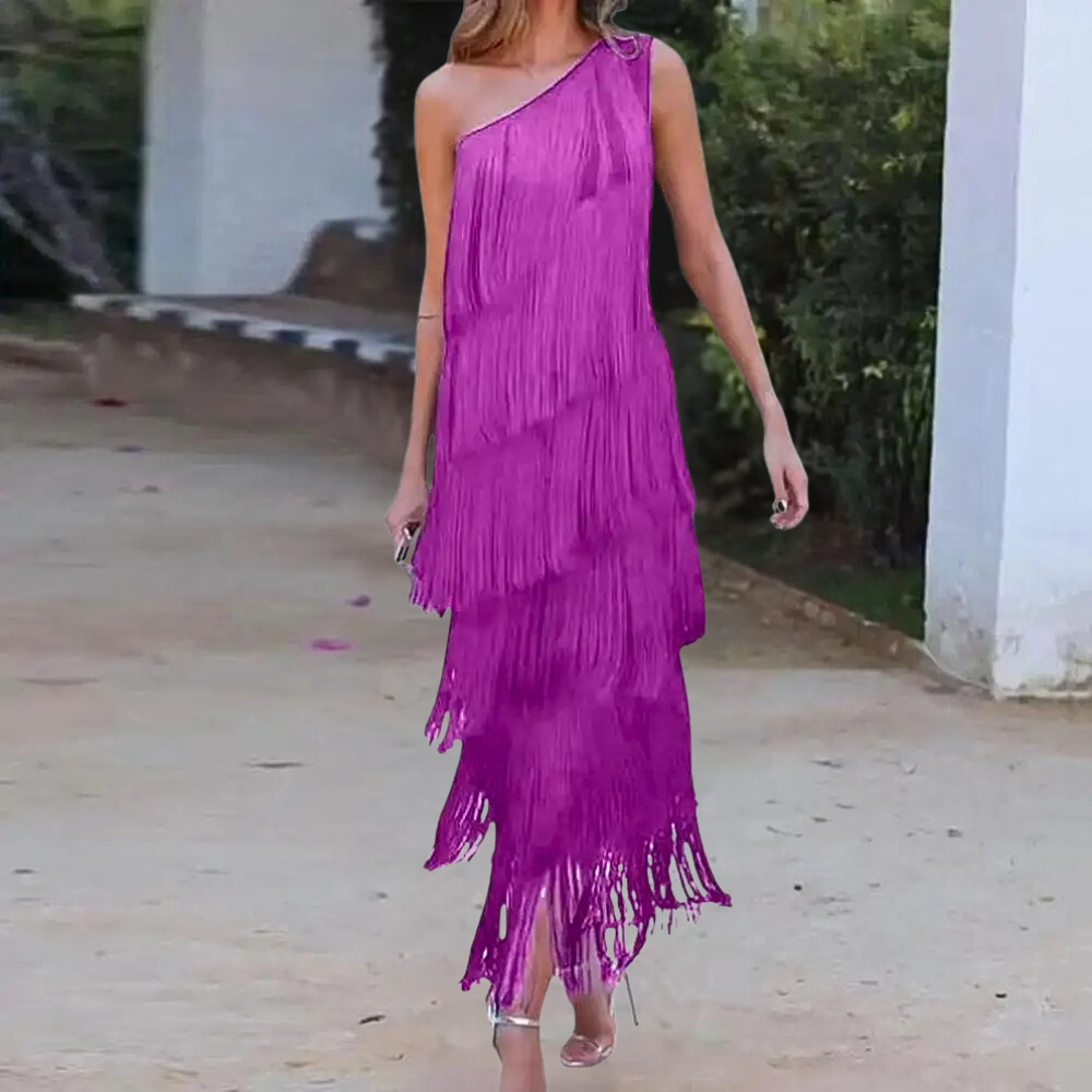 Women One-Shoulder Dress - Asymmetric Neckline - Long with Fringes - Elegant Evening Dress