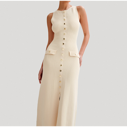 Women's Maxi Dress - Sleeveless Rib Knit - Button Details & Decorative Pockets