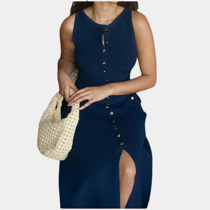 Women's Maxi Dress - Sleeveless Rib Knit - Button Details & Decorative Pockets