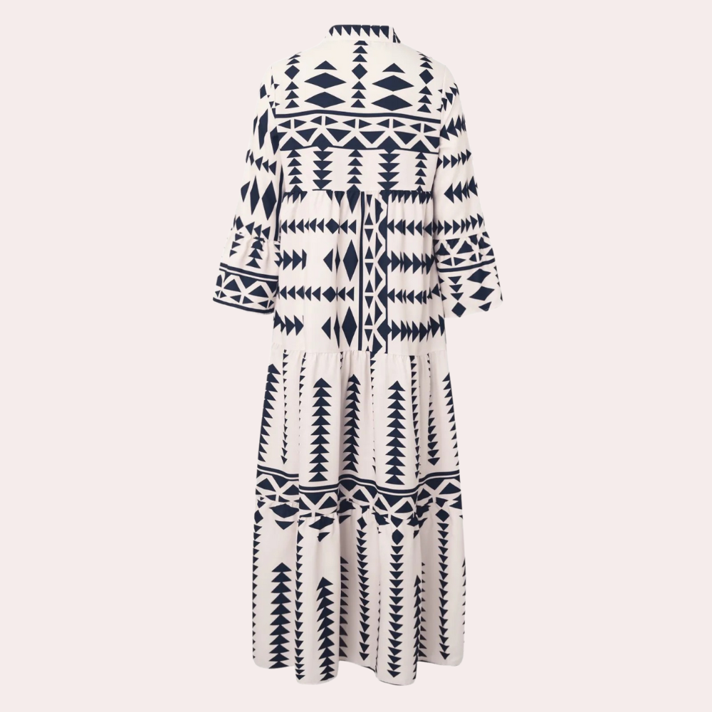 Women's Maxi Dress - Long-Sleeved Loose Fit - V-Neck & Button Closure - Boho Pattern