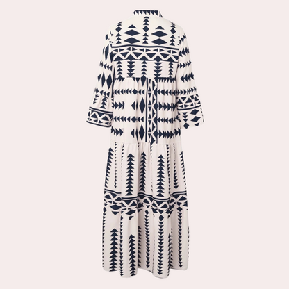 Women's Maxi Dress - Long-Sleeved Loose Fit - V-Neck & Button Closure - Boho Pattern