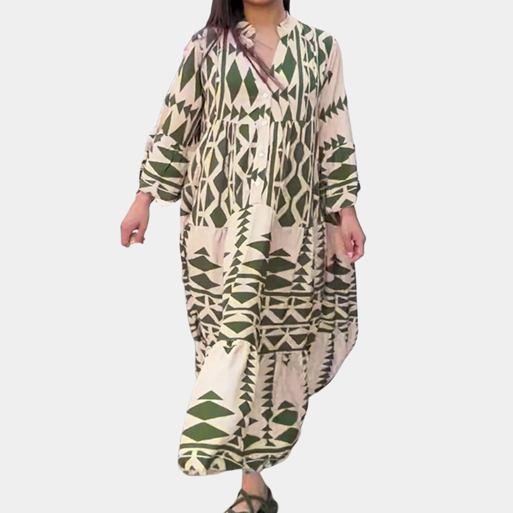 Women's Maxi Dress - Long-Sleeved Loose Fit - V-Neck & Button Closure - Boho Pattern