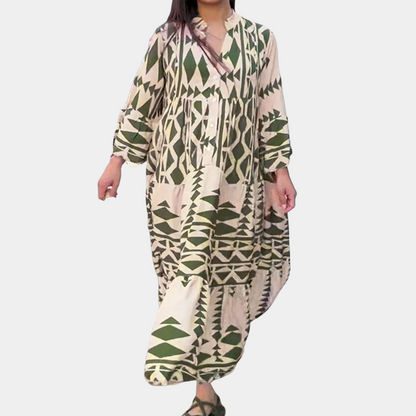 Women's Maxi Dress - Long-Sleeved Loose Fit - V-Neck & Button Closure - Boho Pattern