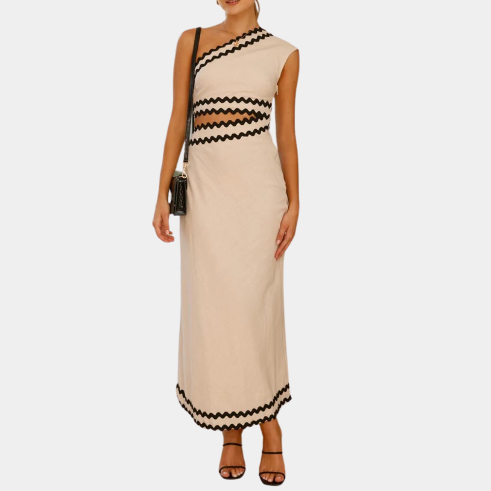 Women's Maxi Dress – Asymmetric One-Shoulder – Embellished With Contrast Trim – Elegant Cut
