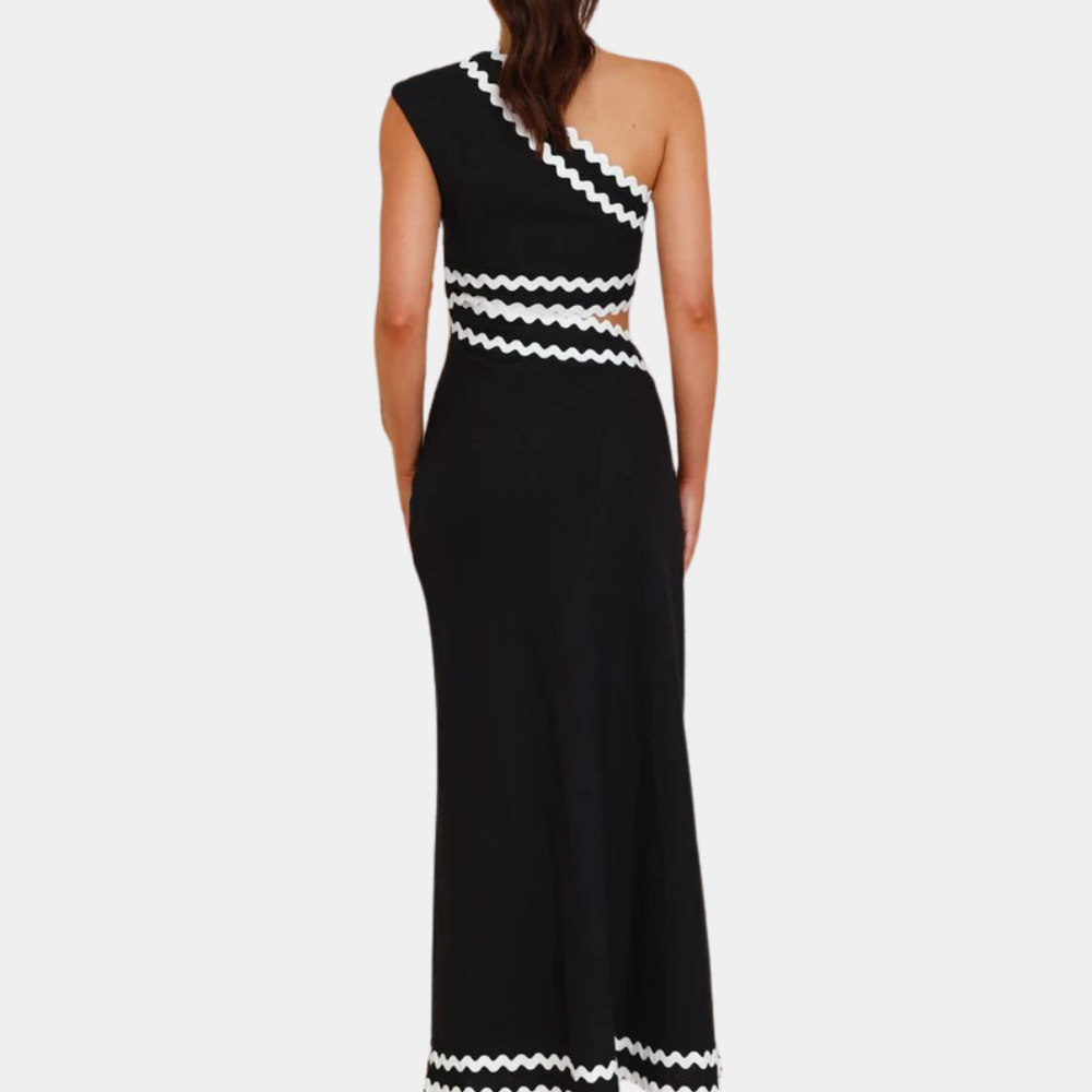 Women's Maxi Dress – Asymmetric One-Shoulder – Embellished With Contrast Trim – Elegant Cut