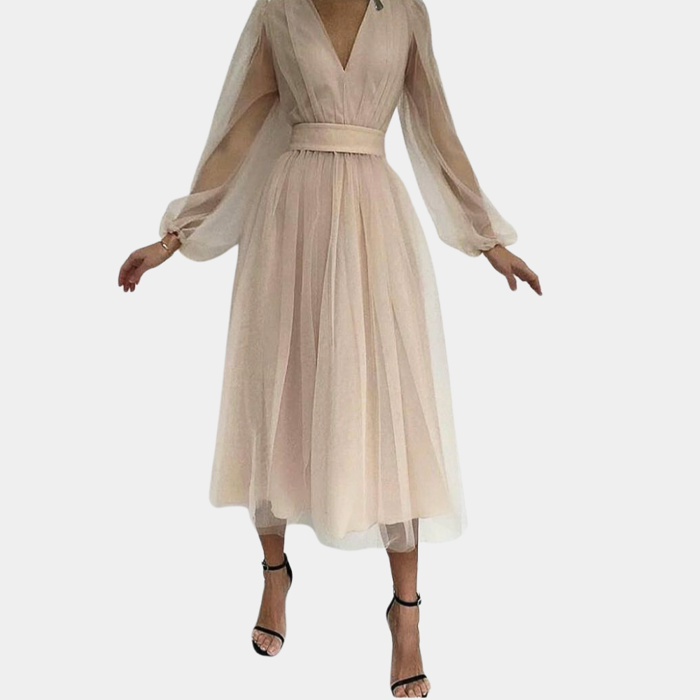 Women's Midi Dress – V-neck – Long Sheer Sleeves – A-line Fit – Elegant Party Dress