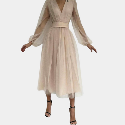Women's Midi Dress – V-neck – Long Sheer Sleeves – A-line Fit – Elegant Party Dress