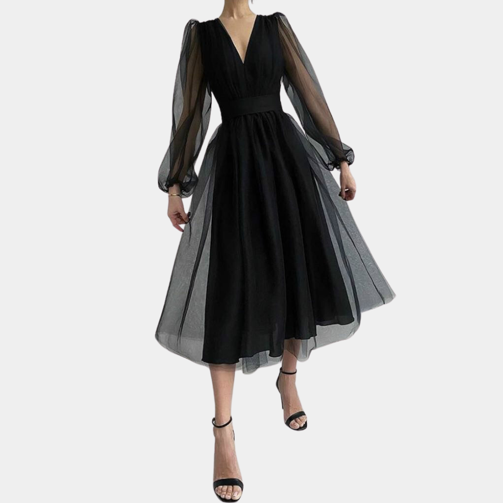 Women's Midi Dress – V-neck – Long Sheer Sleeves – A-line Fit – Elegant Party Dress