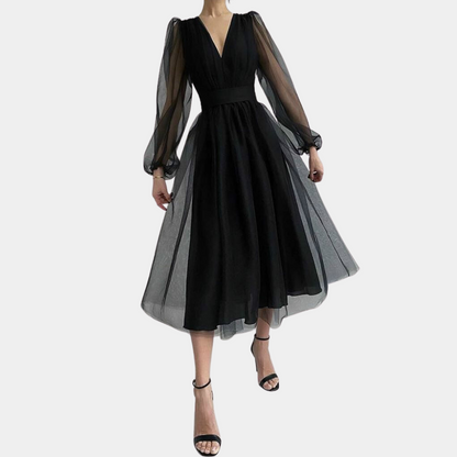 Women's Midi Dress – V-neck – Long Sheer Sleeves – A-line Fit – Elegant Party Dress