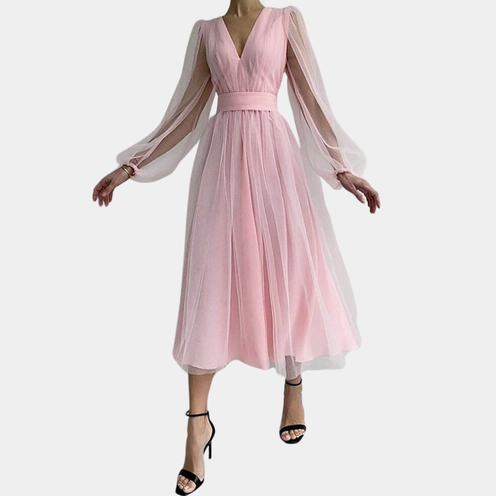 Women's Midi Dress – V-neck – Long Sheer Sleeves – A-line Fit – Elegant Party Dress