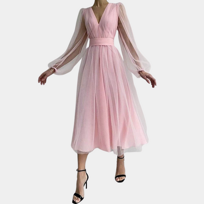 Women's Midi Dress – V-neck – Long Sheer Sleeves – A-line Fit – Elegant Party Dress