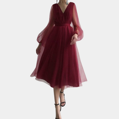 Women's Midi Dress – V-neck – Long Sheer Sleeves – A-line Fit – Elegant Party Dress