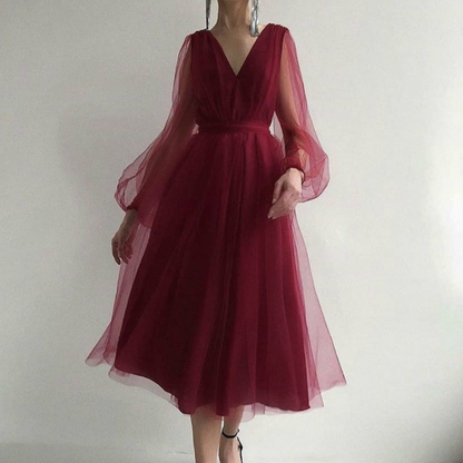 Women's Midi Dress – V-neck – Long Sheer Sleeves – A-line Fit – Elegant Party Dress