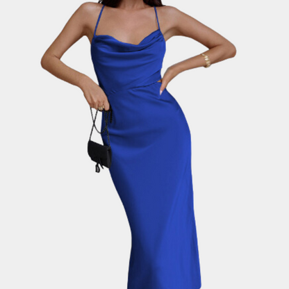Women's Slip Dress - Satin Silk Look - Cowl Neck - Elegant Midi Party Dress