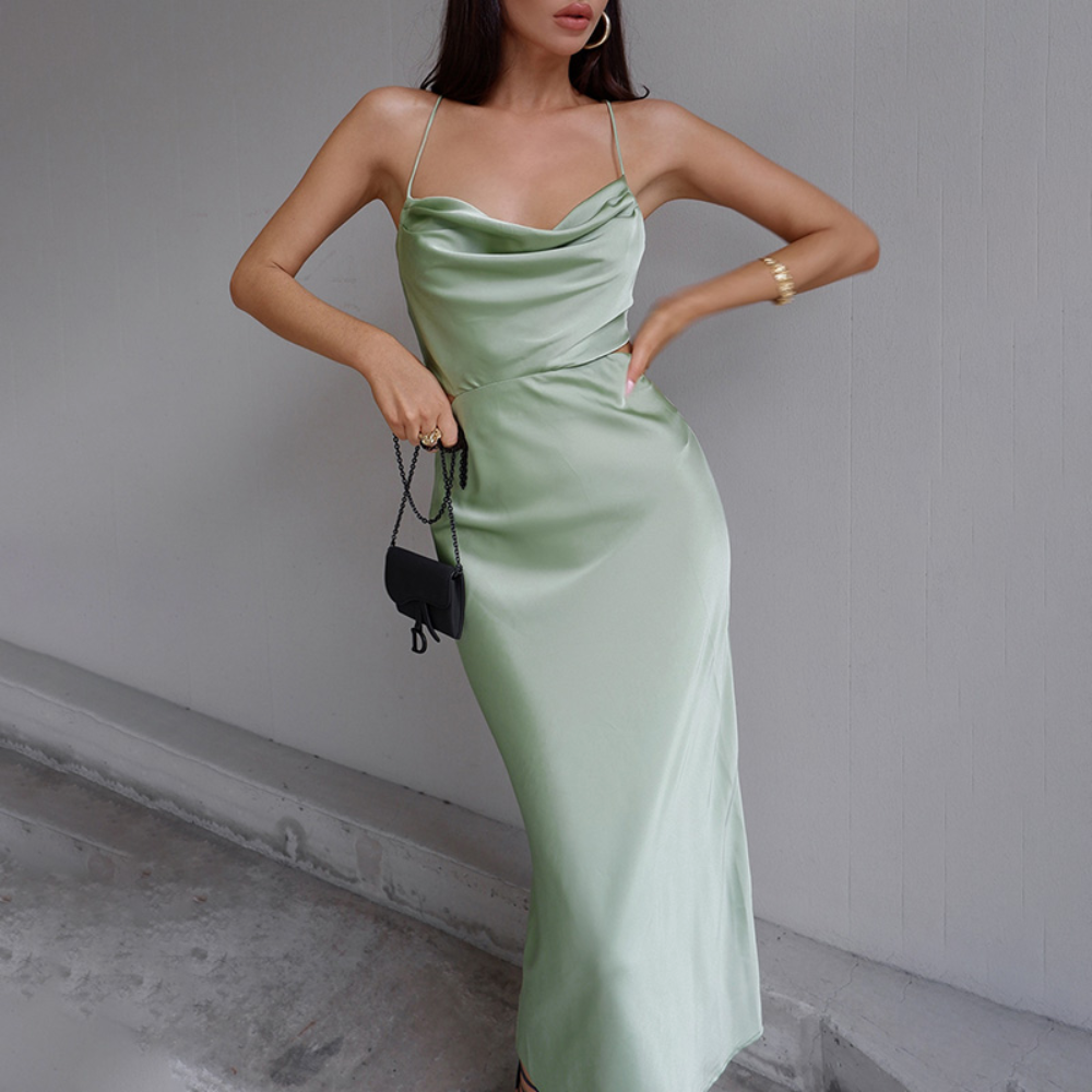 Women's Slip Dress - Satin Silk Look - Cowl Neck - Elegant Midi Party Dress