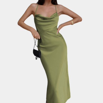 Women's Slip Dress - Satin Silk Look - Cowl Neck - Elegant Midi Party Dress