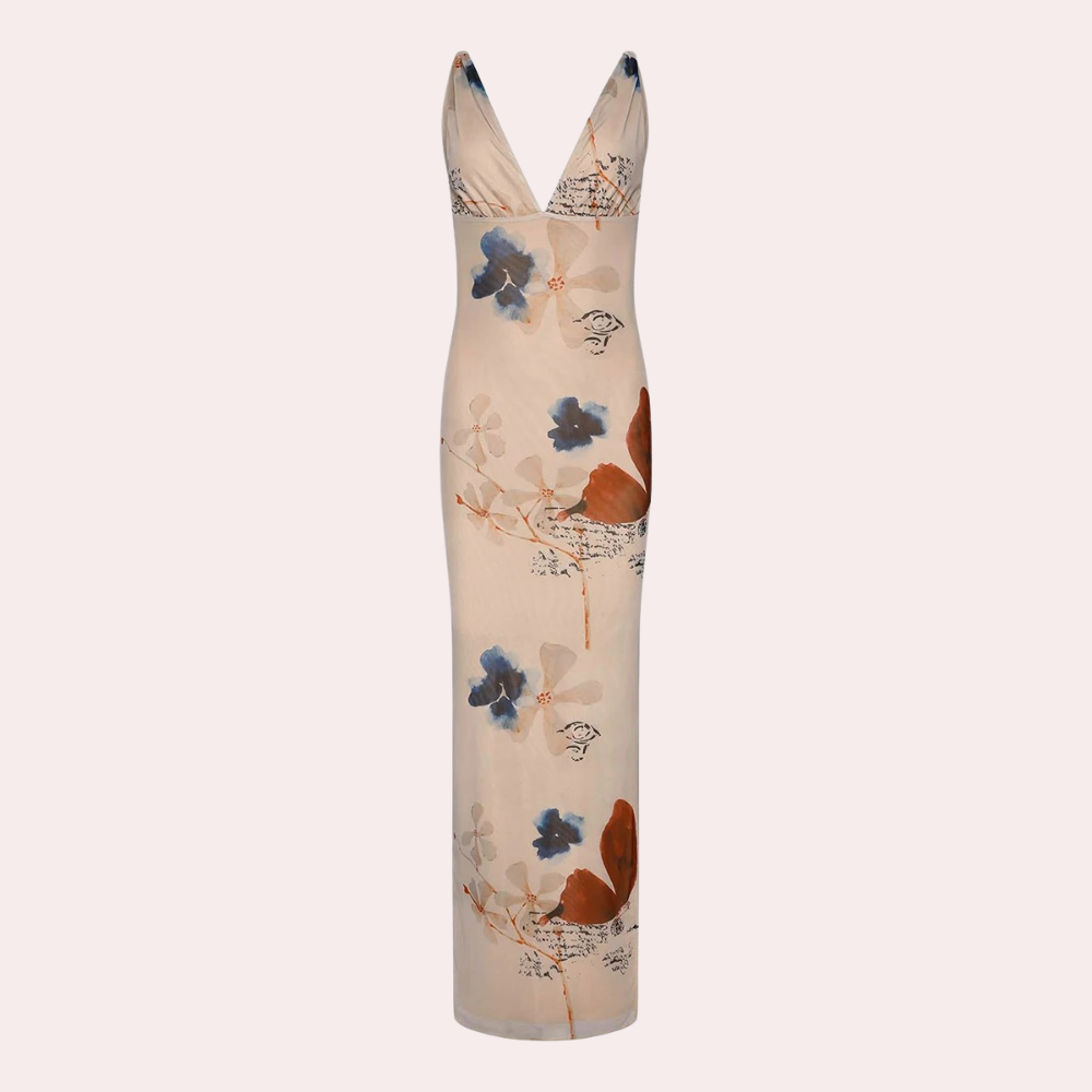 Women's Maxi Dress - Sleeveless V-neck - Floral Pattern - Elegant and Light Design