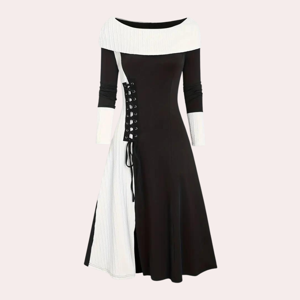 Women's Dress - Two-tone Design - Long-sleeved - Boat Neckline - A-line Fit