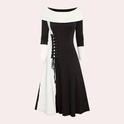 Women's Dress - Two-tone Design - Long-sleeved - Boat Neckline - A-line Fit