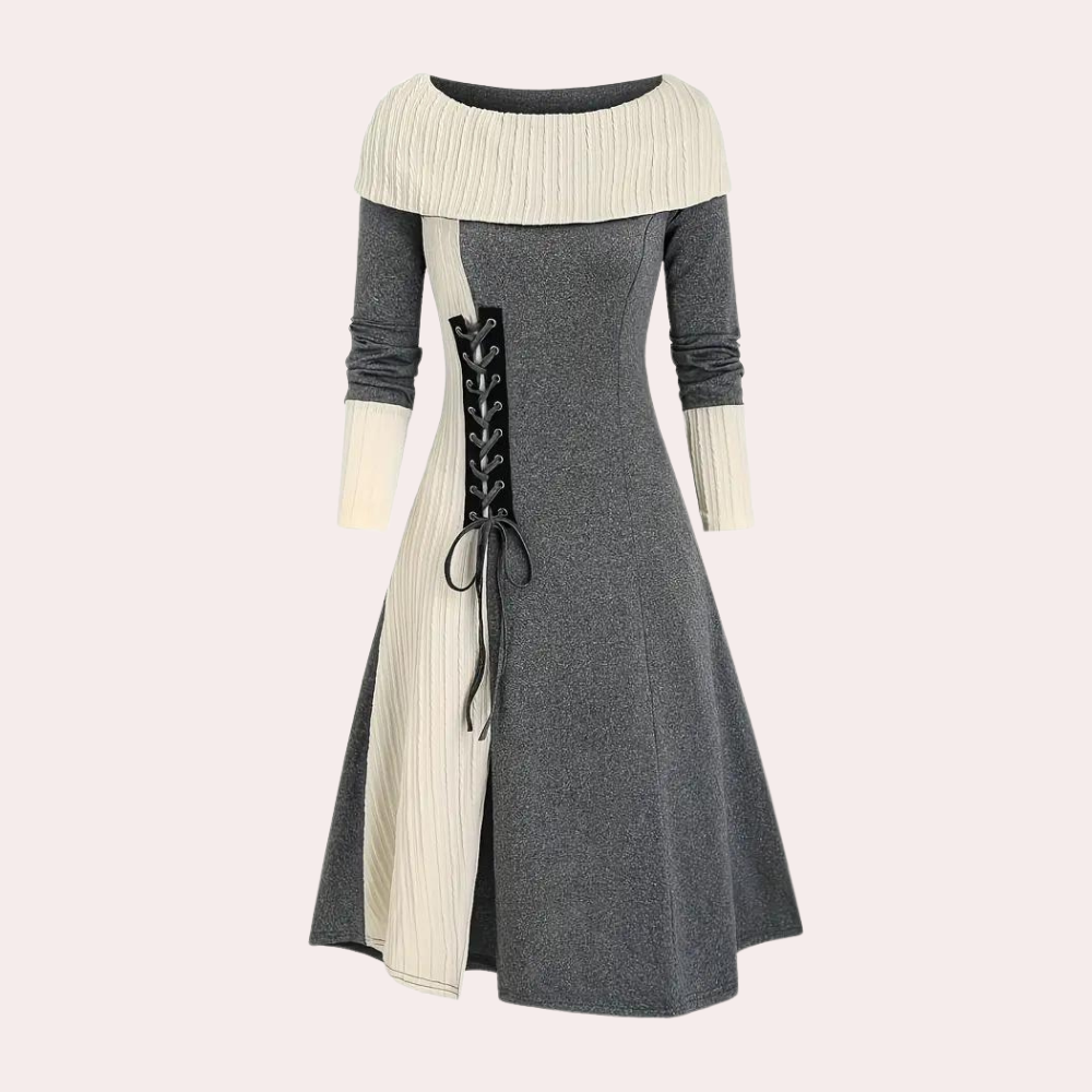 Women's Dress - Two-tone Design - Long-sleeved - Boat Neckline - A-line Fit