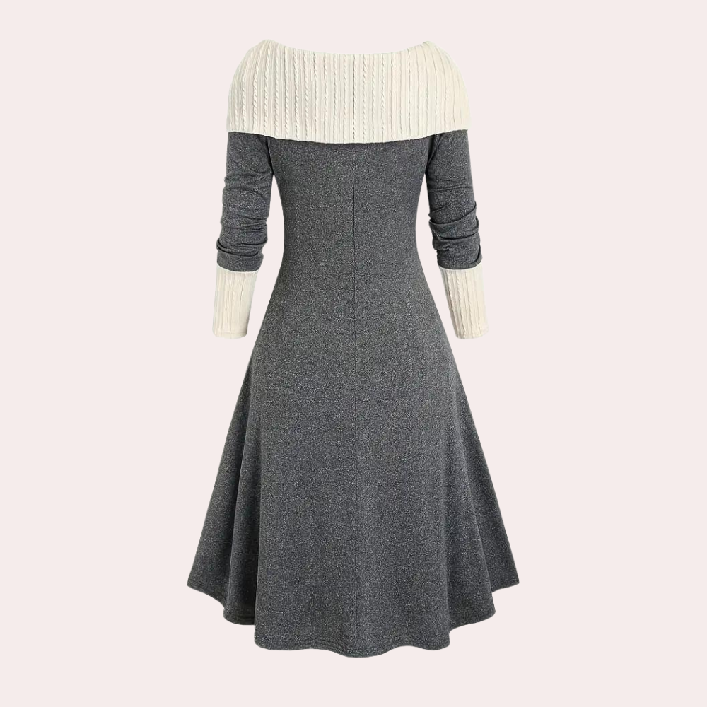 Women's Dress - Two-tone Design - Long-sleeved - Boat Neckline - A-line Fit