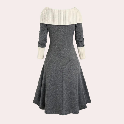 Women's Dress - Two-tone Design - Long-sleeved - Boat Neckline - A-line Fit