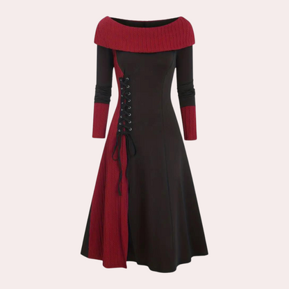 Women's Dress - Two-tone Design - Long-sleeved - Boat Neckline - A-line Fit