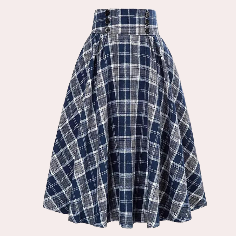Women's Skirt – High Waist – A-Line Fit – Pleated with Button Details – Checkered Design