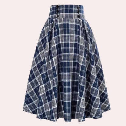 Women's Skirt – High Waist – A-Line Fit – Pleated with Button Details – Checkered Design