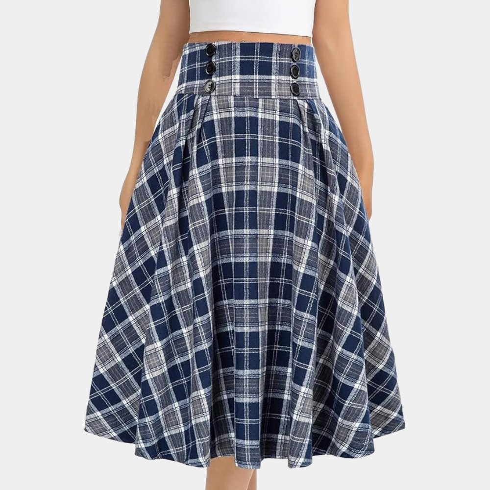 Women's Skirt – High Waist – A-Line Fit – Pleated with Button Details – Checkered Design