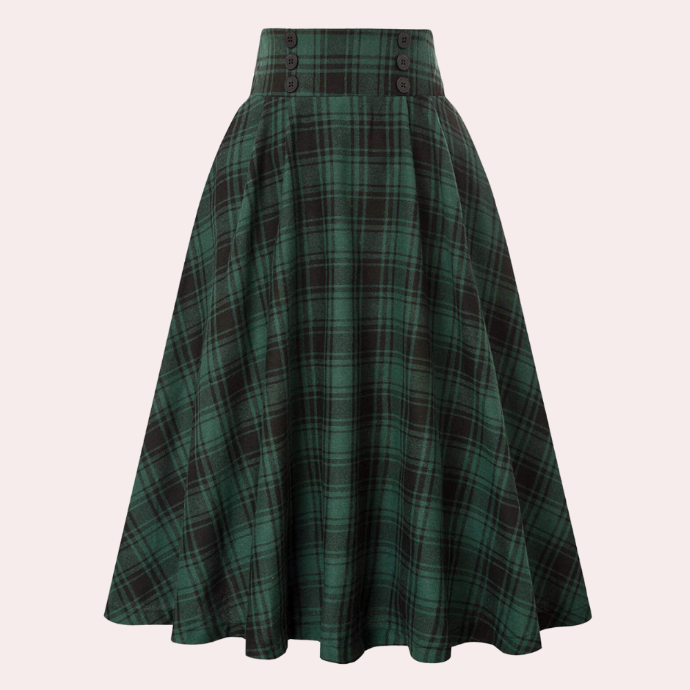 Women's Skirt – High Waist – A-Line Fit – Pleated with Button Details – Checkered Design
