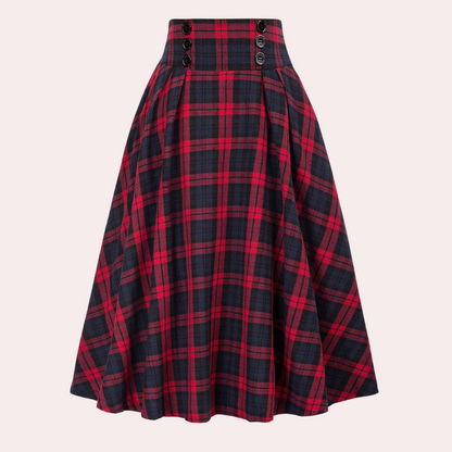 Women's Skirt – High Waist – A-Line Fit – Pleated with Button Details – Checkered Design