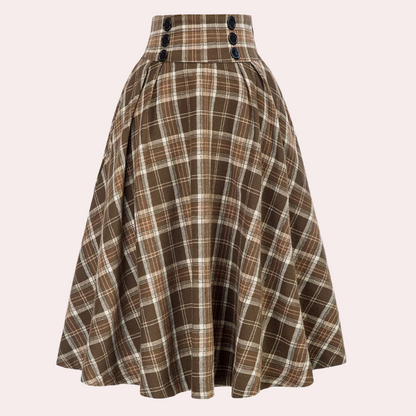 Women's Skirt – High Waist – A-Line Fit – Pleated with Button Details – Checkered Design