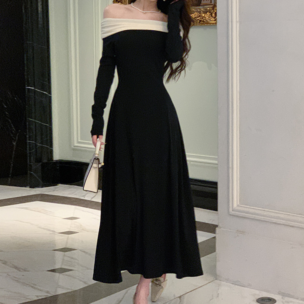 Women Maxi Dress - Off-Shoulder - Long Sleeves - Elegant Tailored Party Dress