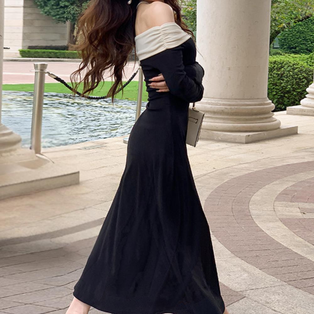 Women Maxi Dress - Off-Shoulder - Long Sleeves - Elegant Tailored Party Dress